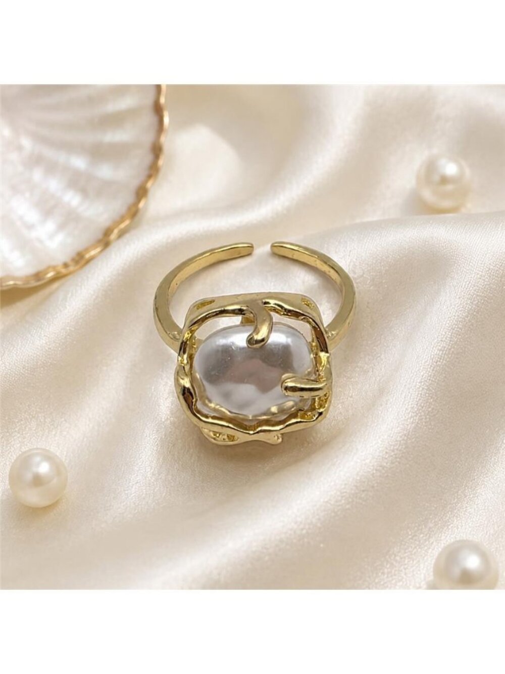 Faux Baroque Pearl Statement Ring Gold Plated Brass Organic Modern Size 8.5
